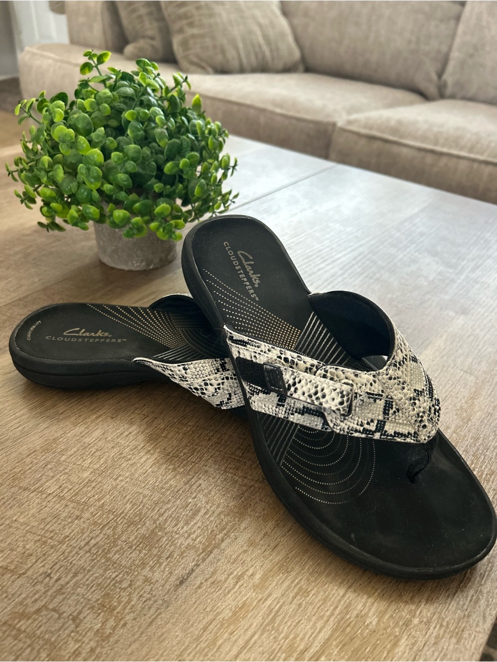 Clarks Black Sandals with White Snake-Print Straps
